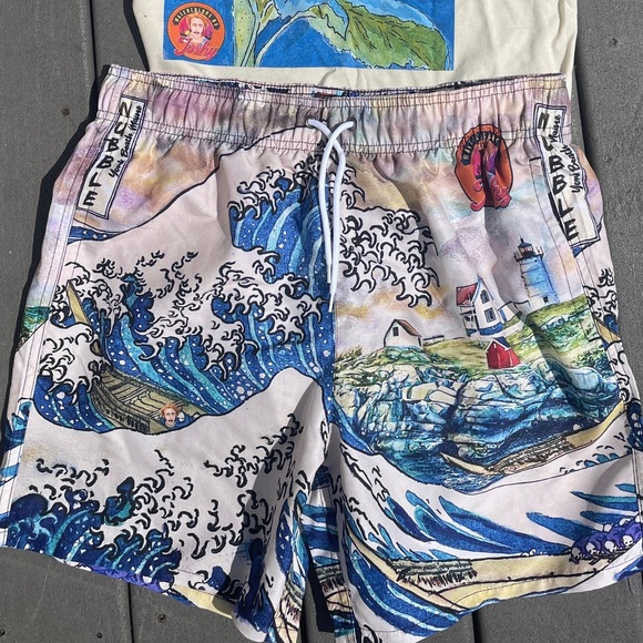 Great Wave Off Nubble Lighthouse Swim Trunks - Hokusai Inspired New England Art - Picture 10 of 13